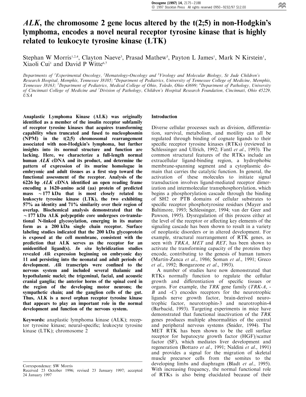 ALK, the Chromosome 2 Gene Locus Altered by the T(2;5) in Non