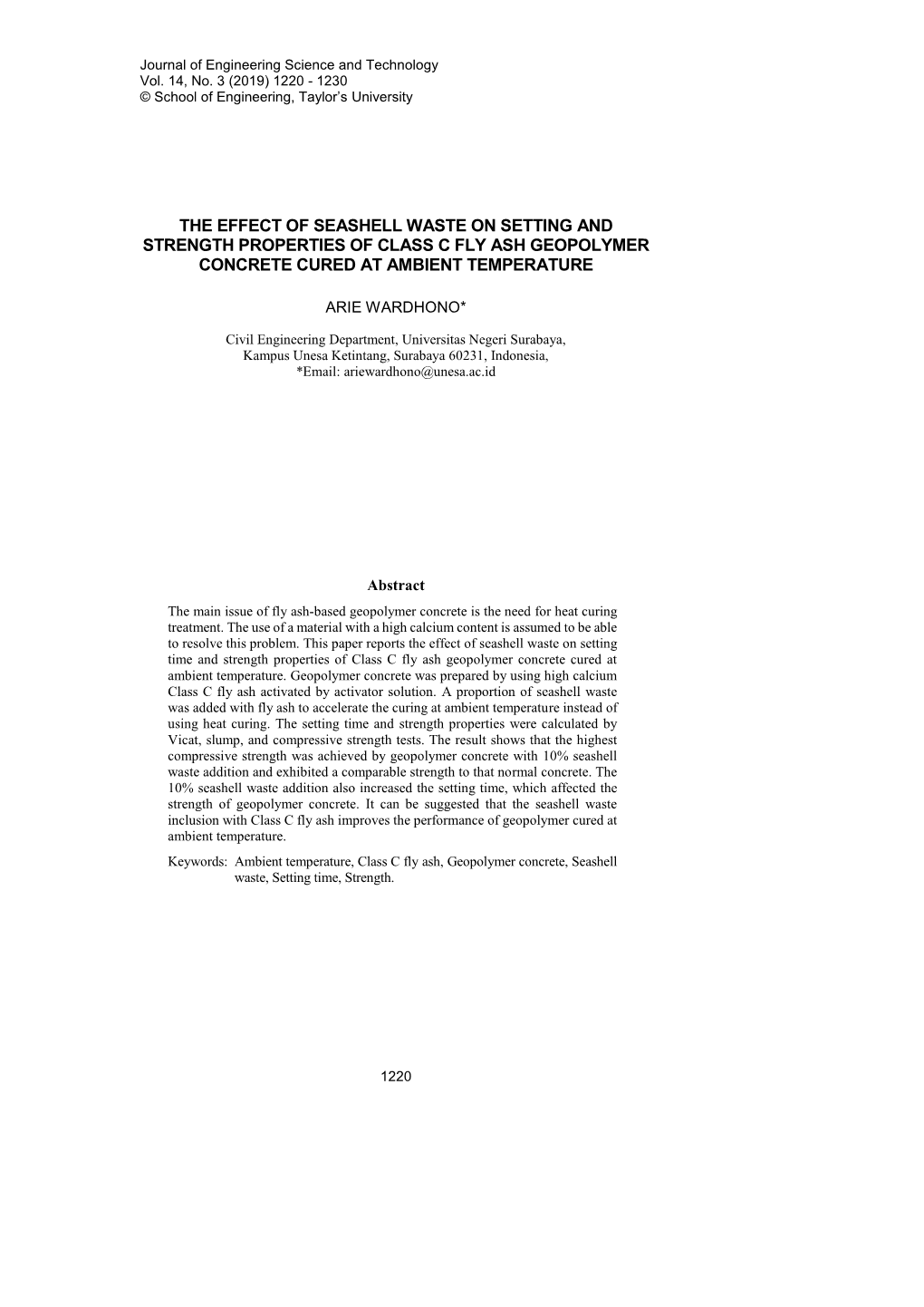 The Effect of Seashell Waste on Setting and Strength Properties of Class C Fly Ash Geopolymer Concrete Cured at Ambient Temperature