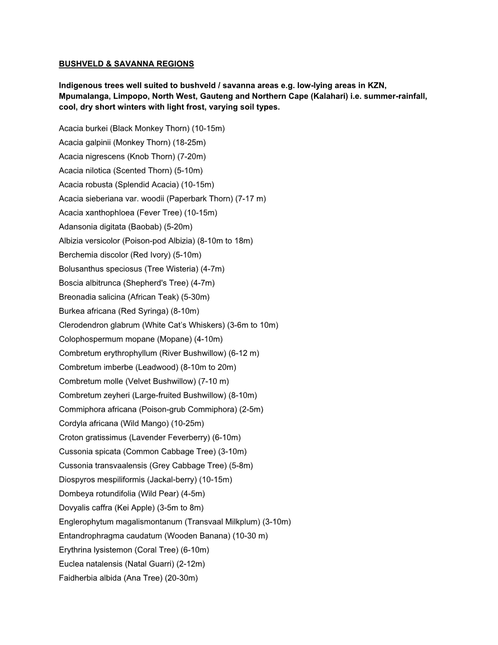 BUSHVELD & SAVANNA REGIONS Indigenous Trees Well Suited to Bushveld / Savanna Areas E.G. Low-Lying Areas in KZN, Mpumalanga