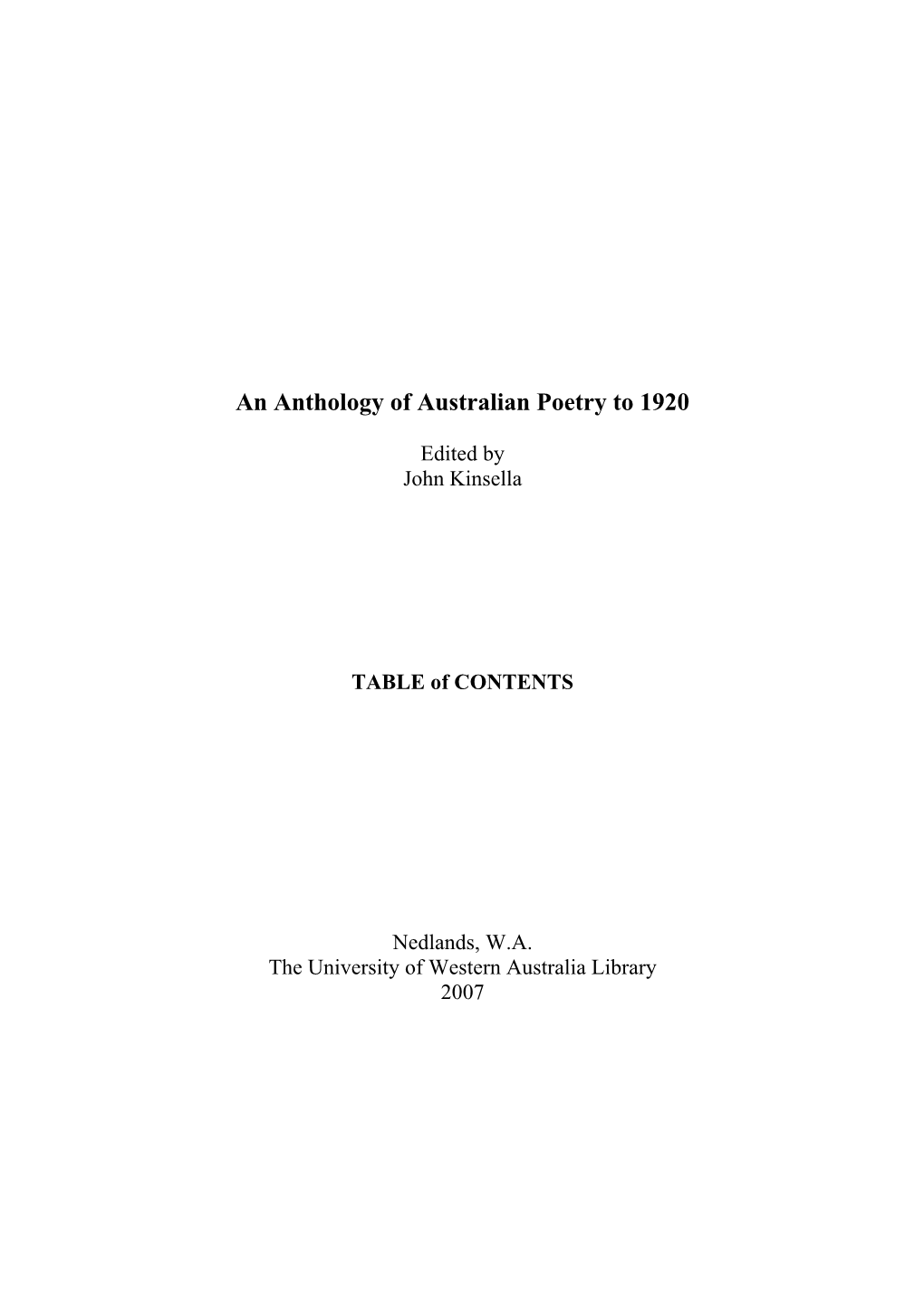 An Anthology of Australian Poetry to 1920