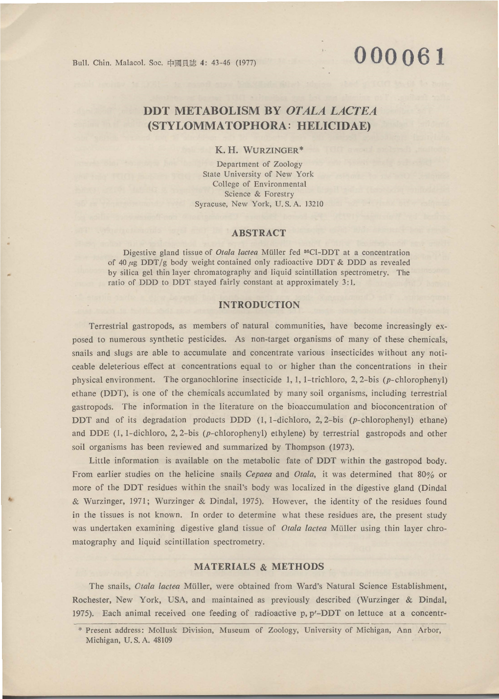 Ddt Metabolism by Otala Lactea (Stylommatophora: Helicidae)