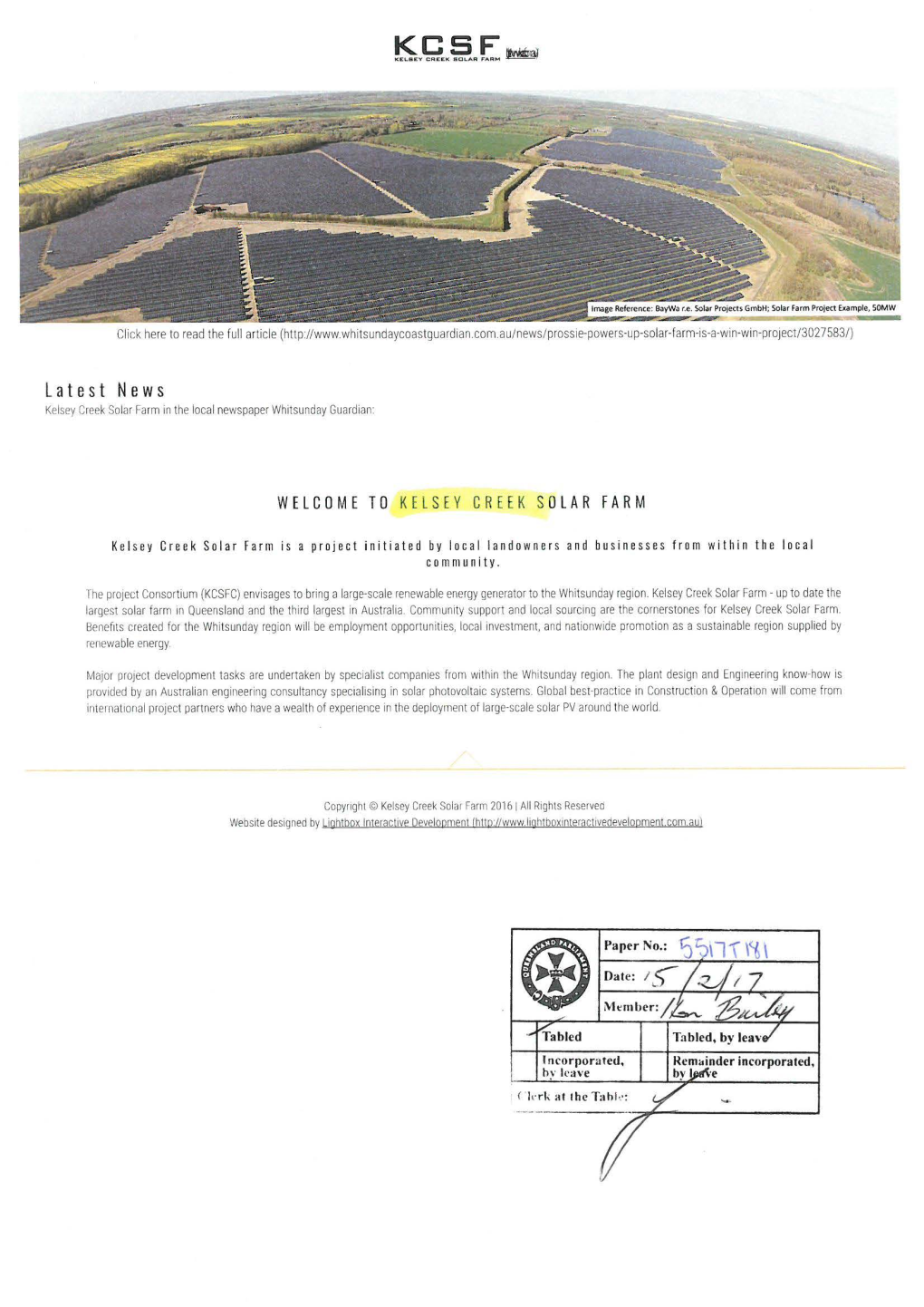 Latest News Kelsey Creek Solar Farm in the Local Newspaper Whitsunday Guardian