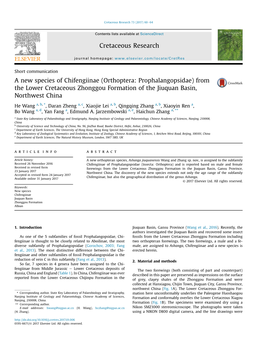 A New Species of Chifengiinae (Orthoptera: Prophalangopsidae) from the Lower Cretaceous Zhonggou Formation of the Jiuquan Basin, Northwest China