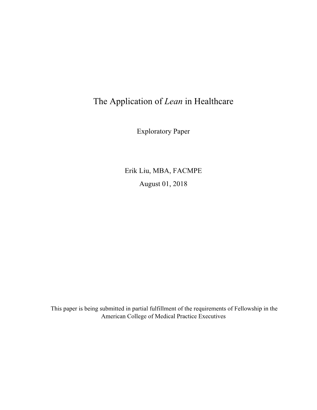The Application of Lean in Healthcare