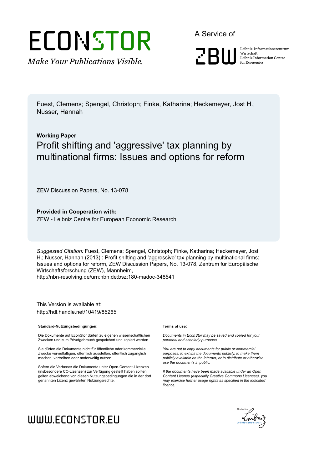 Profit Shifting and 'Aggressive' Tax Planning by Multinational Firms: Issues and Options for Reform