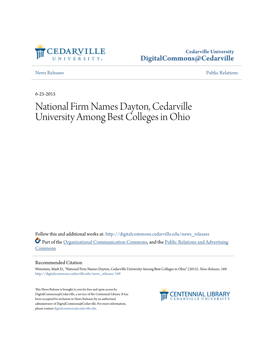 National Firm Names Dayton, Cedarville University Among Best Colleges in Ohio