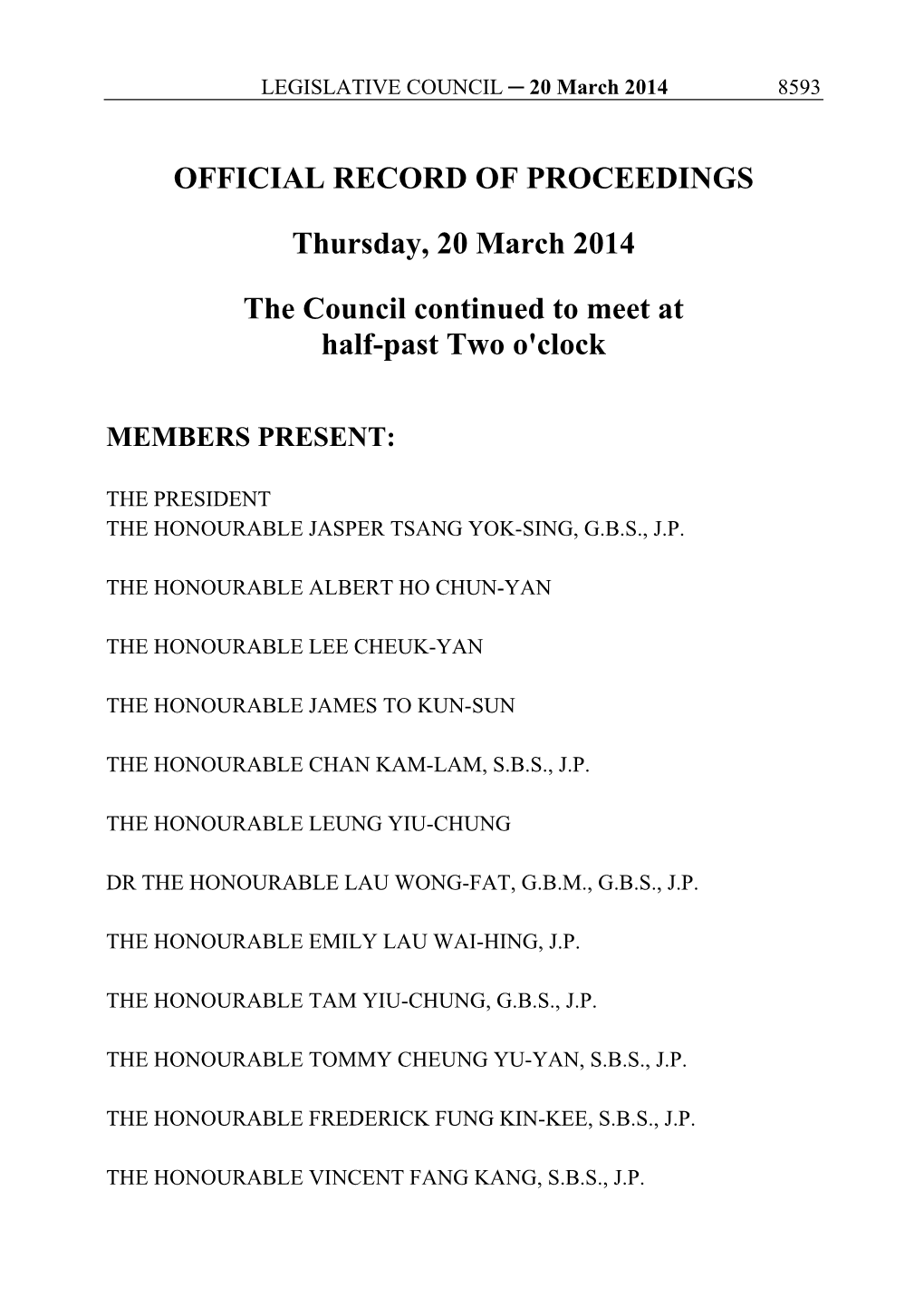 OFFICIAL RECORD of PROCEEDINGS Thursday, 20