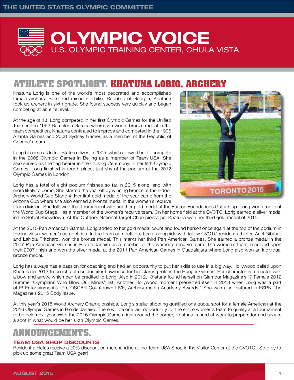 ANNOUNCEMENTS. ATHLETE SPOTLIGHT. KHATUNA Lorig