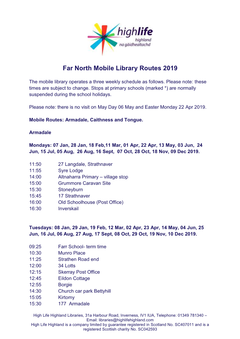 Far North Mobile Library Routes 2019