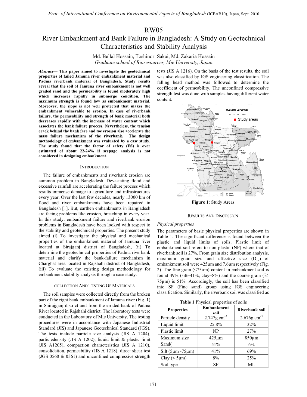 RW05 River Embankment and Bank Failure in Bangladesh: a Study on Geotechnical Characteristics and Stability Analysis Md