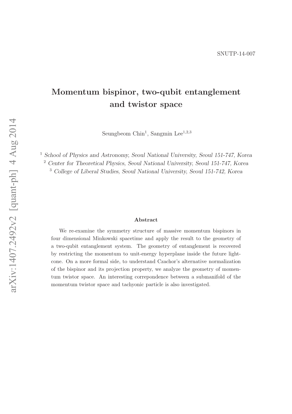 Momentum Bispinor, Two-Qubit Entanglement and Twistor Space