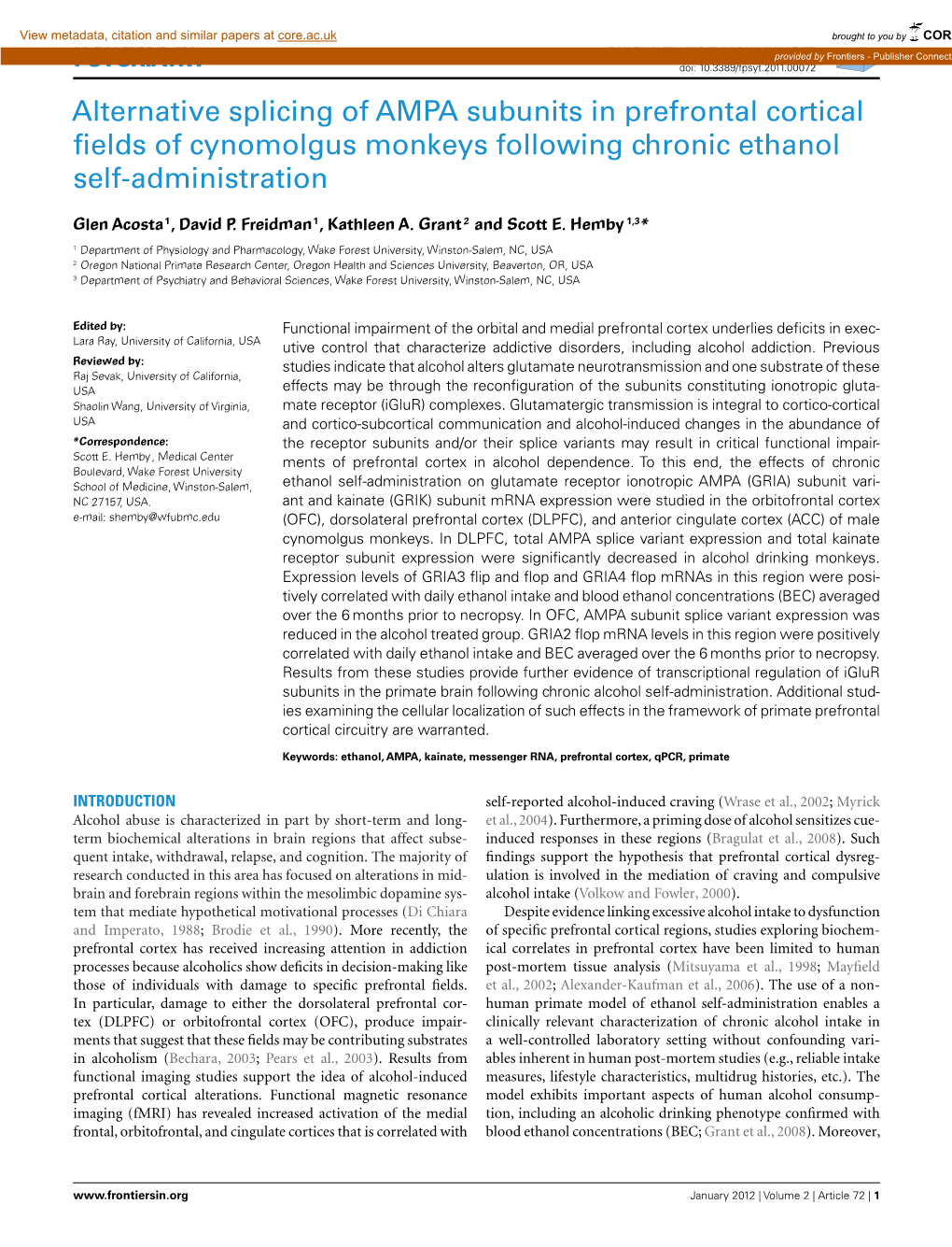 Alternative Splicing of AMPA Subunits in Prefrontal Cortical Fields Of