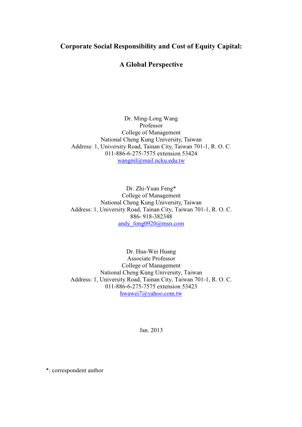 Corporate Social Responsibility and Cost of Equity Capital: a Global