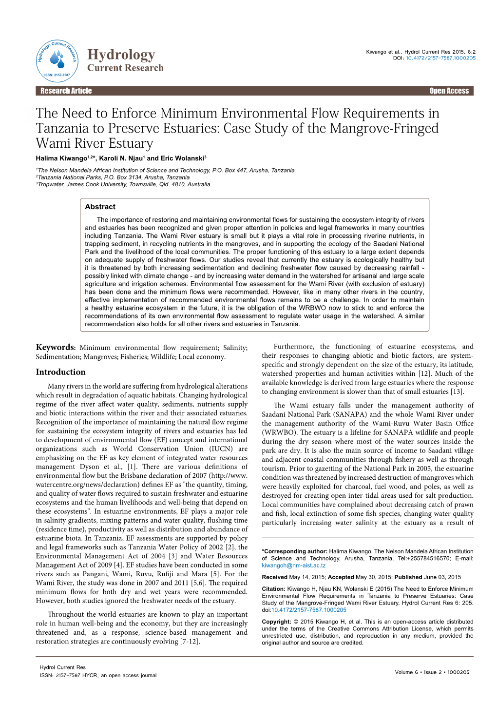 The Need to Enforce Minimum Environmental Flow Requirements in Tanzania to Preserve Estuaries: Case Study of the Mangrove-Fringe