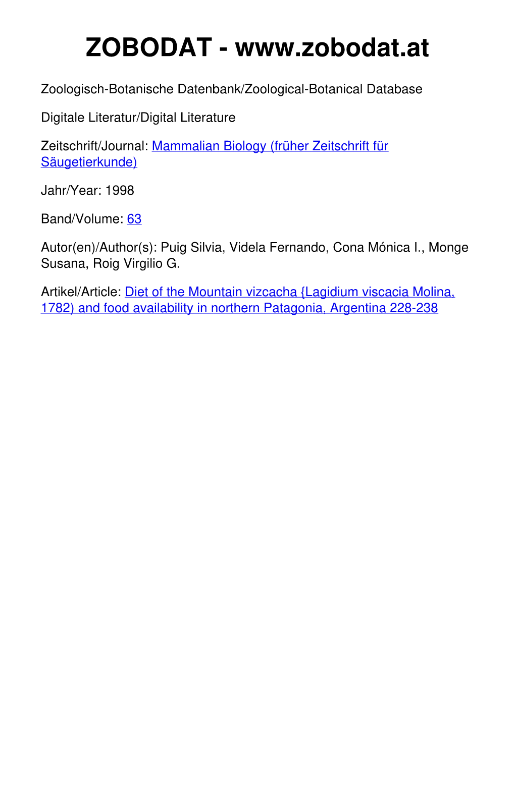 Diet of the Mountain Vizcacha {Lagidium Viscacia Molina, 1782