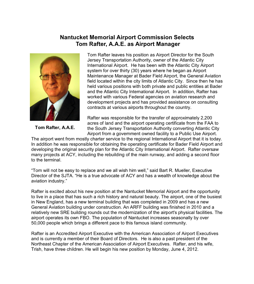 Nantucket Memorial Airport Commission Selects Tom Rafter, A.A.E. As Airport Manager