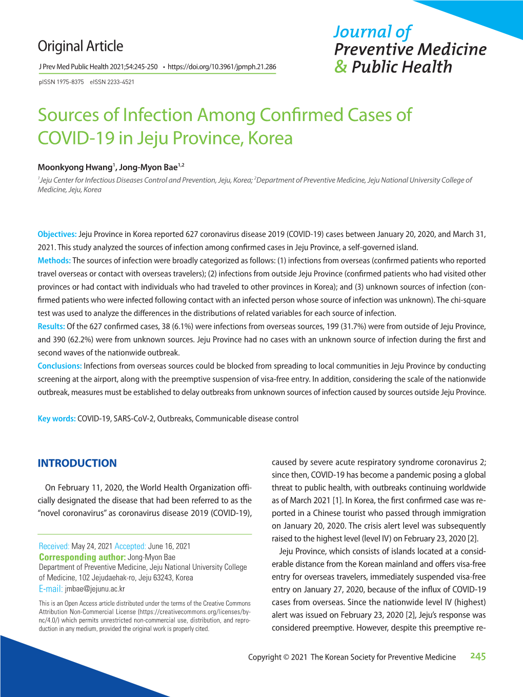 Sources of Infection Among Confirmed Cases of COVID-19 in Jeju Province, Korea