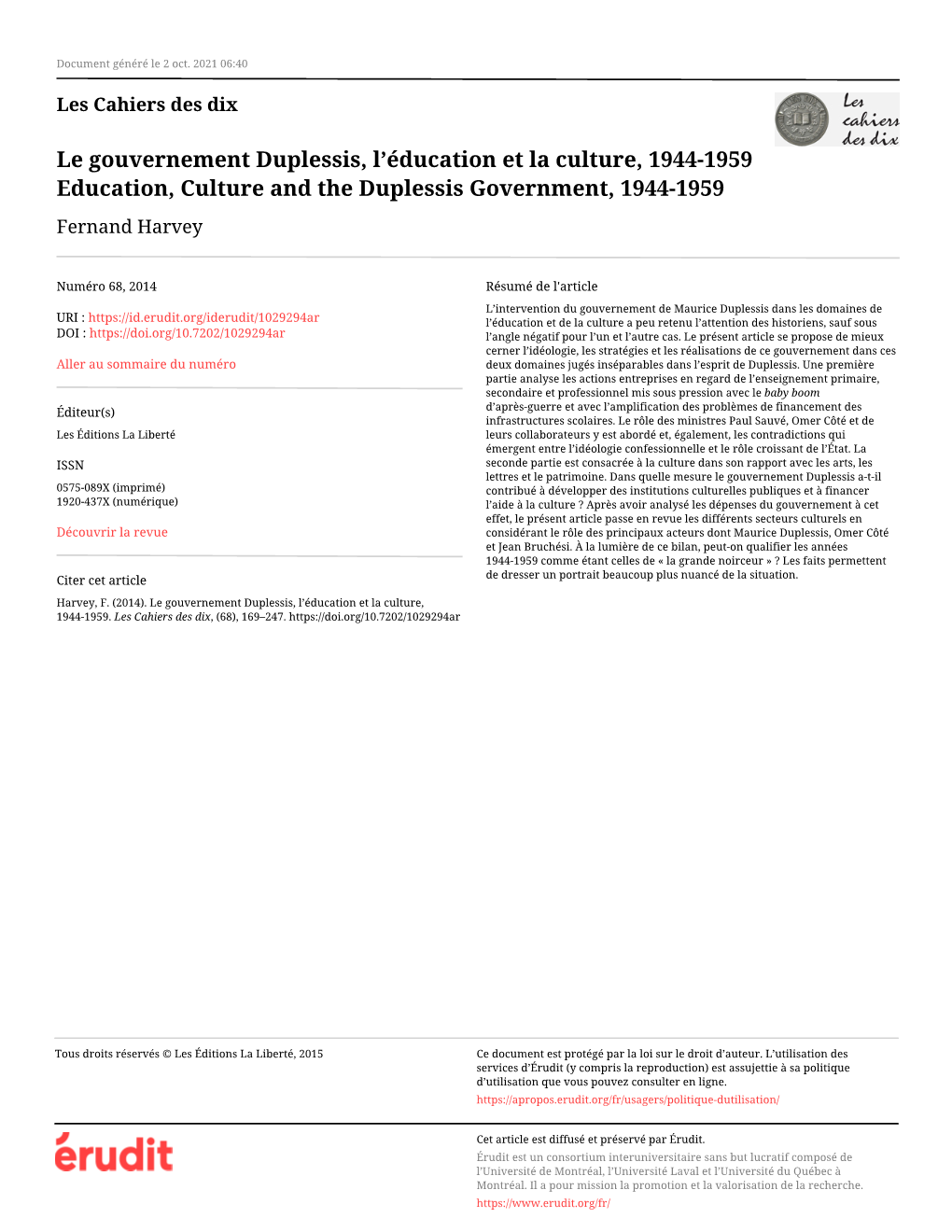 Le Gouvernement Duplessis, L'éducation Et La Culture, 1944-1959