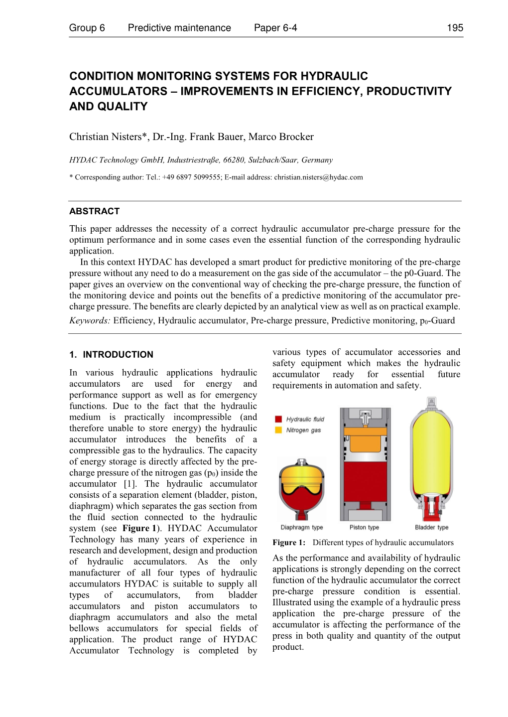 Condition Monitoring Systems for Hydraulic Accumulators – Improvements in Efficiency, Productivity and Quality