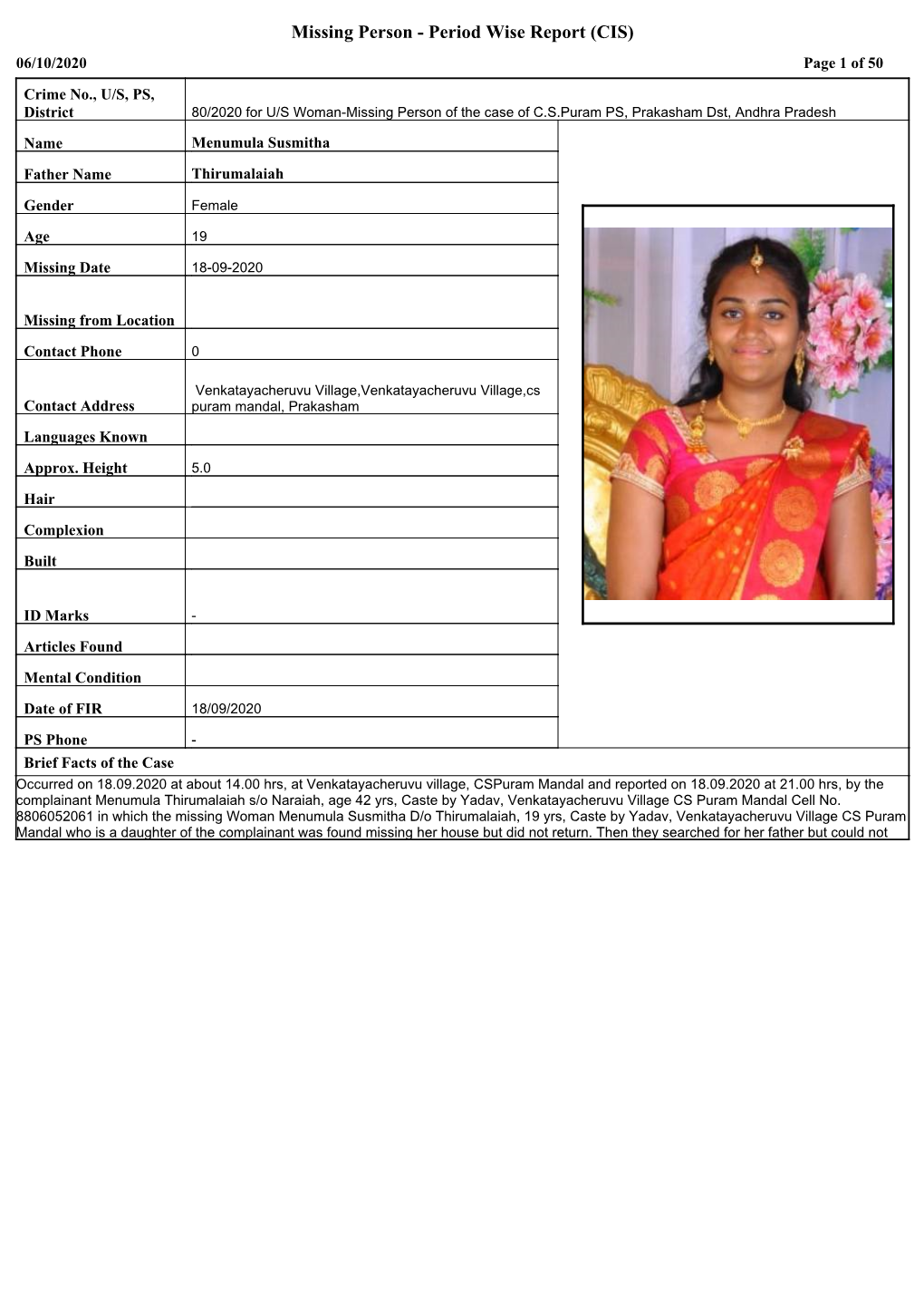 Missing Person - Period Wise Report (CIS) 06/10/2020 Page 1 of 50