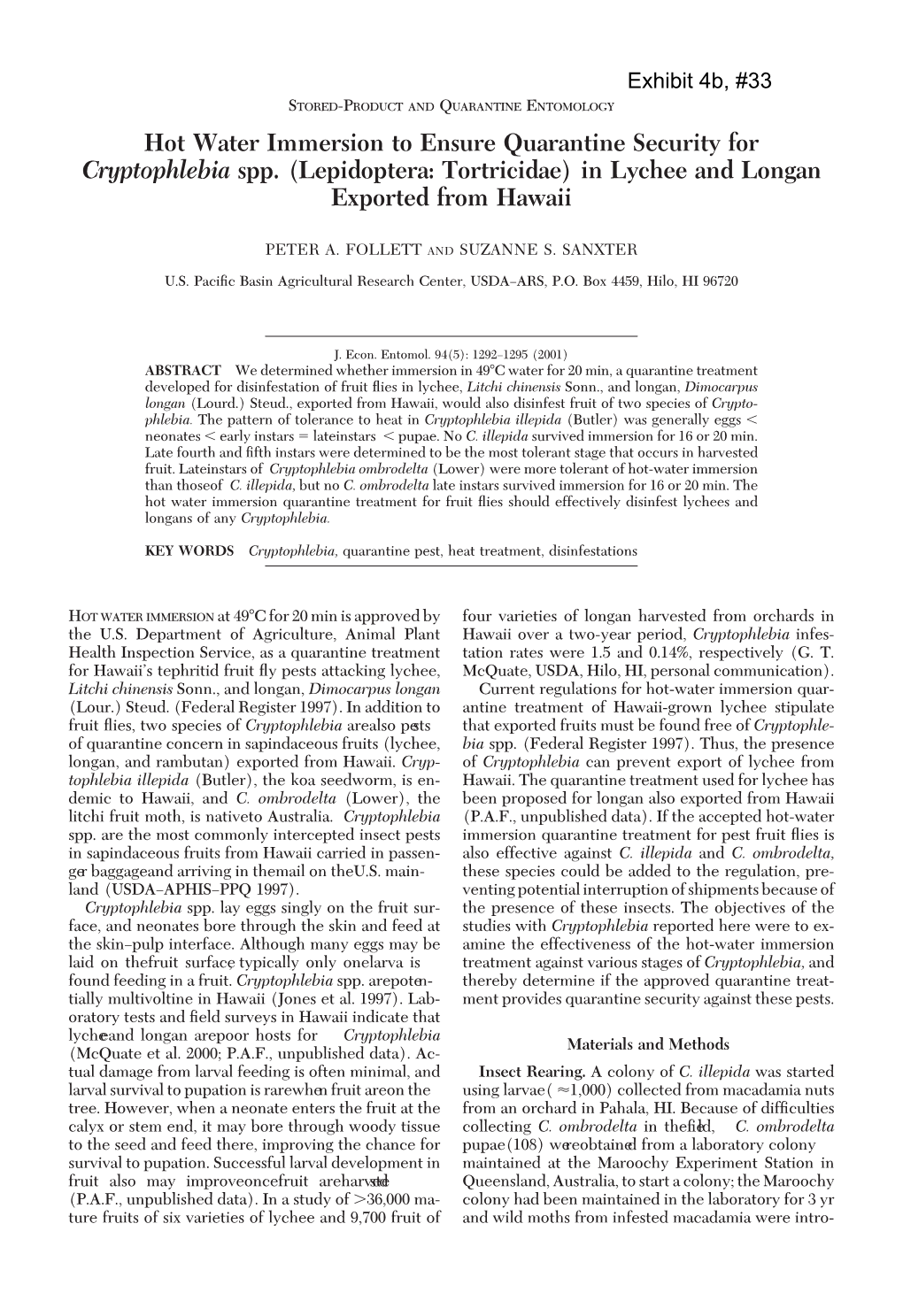 Hot Water Immersion to Ensure Quarantine Security for Cryptophlebia Spp