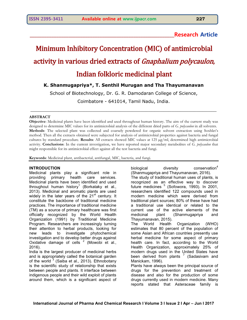 Of Antimicrobial Activity in Various Dried Extracts of Gnaphalium Polycaulon, Indian Folkloric Medicinal Plant