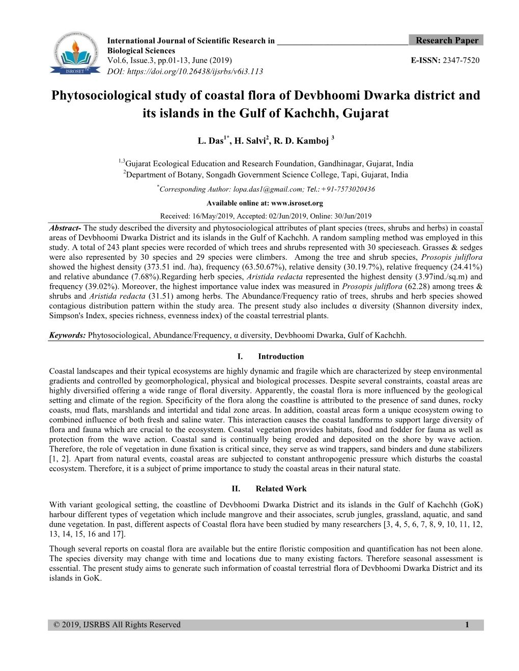 Phytosociological Study of Coastal Flora of Devbhoomi Dwarka District and Its Islands in the Gulf of Kachchh, Gujarat