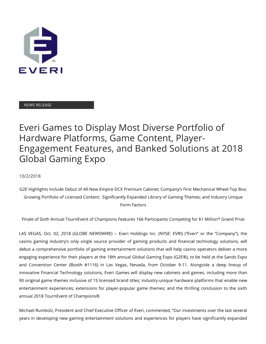 Everi Games to Display Most Diverse Portfolio of Hardware Platforms, Game Content, Player- Engagement Features, and Banked Solutions at 2018 Global Gaming Expo
