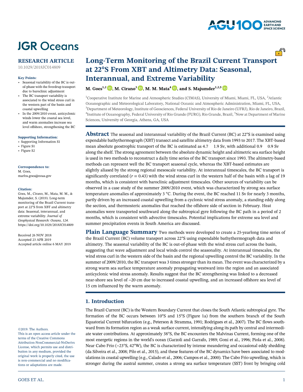 Long‐Term Monitoring of the Brazil Current Trans-Port at 22 S from XBT