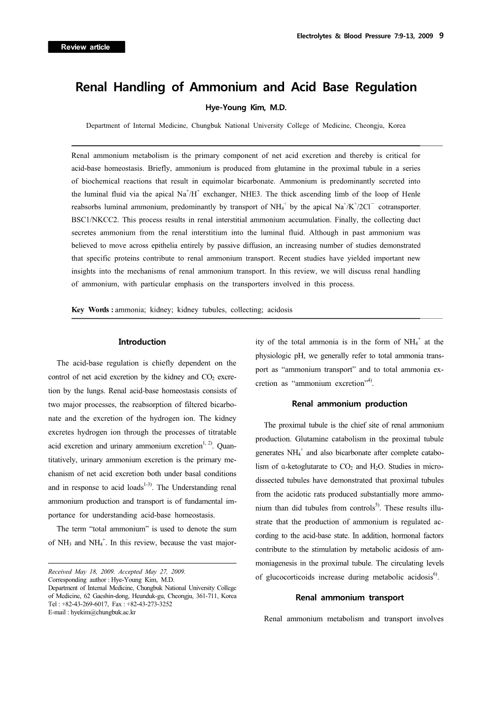 Renal Handling of Ammonium and Acid Base Regulation