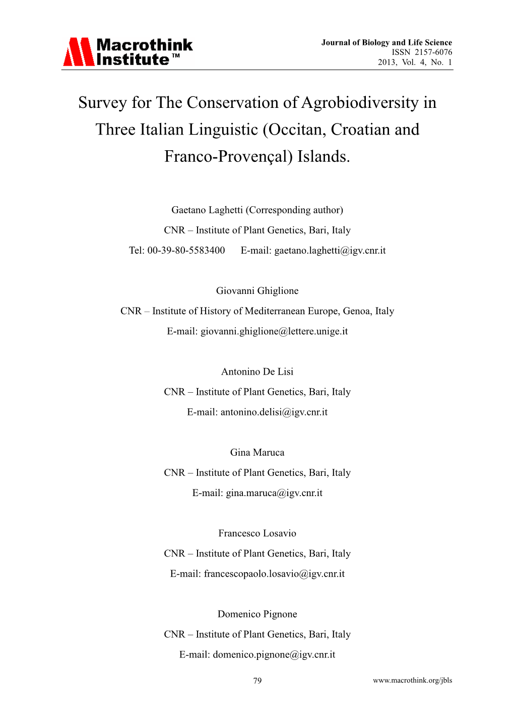 Survey for the Conservation of Agrobiodiversity in Three Italian Linguistic (Occitan, Croatian and Franco-Provençal) Islands