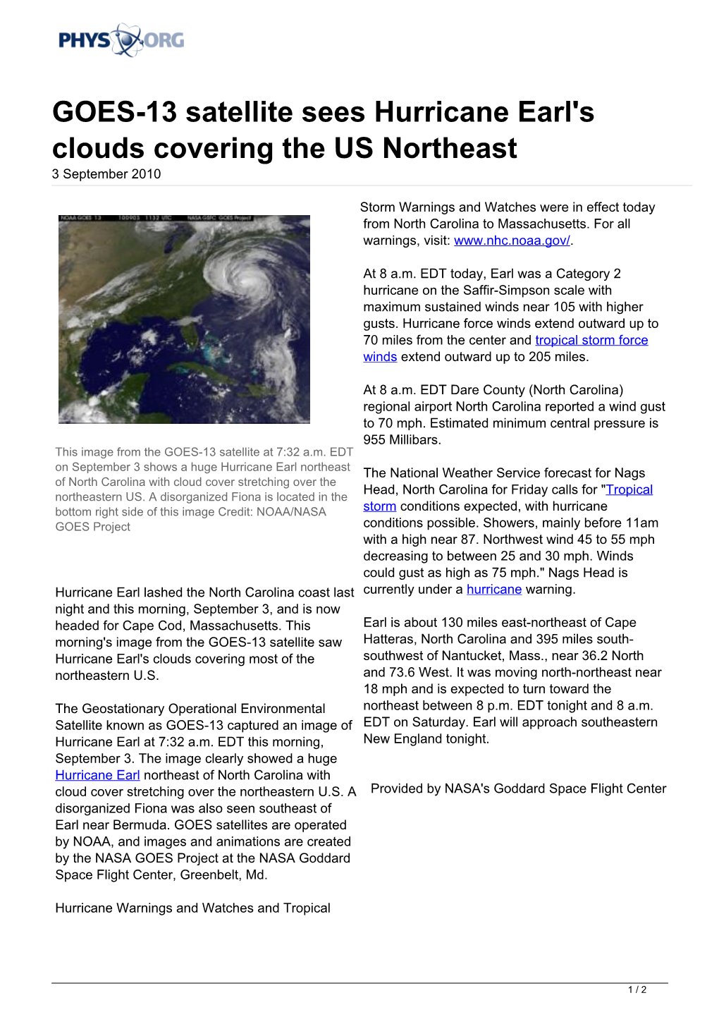 GOES-13 Satellite Sees Hurricane Earl's Clouds Covering the US Northeast 3 September 2010