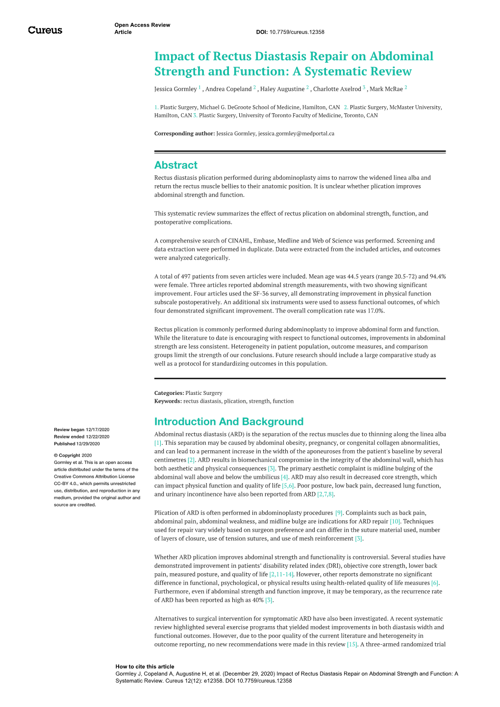 Impact of Rectus Diastasis Repair on Abdominal Strength and Function: a Systematic Review