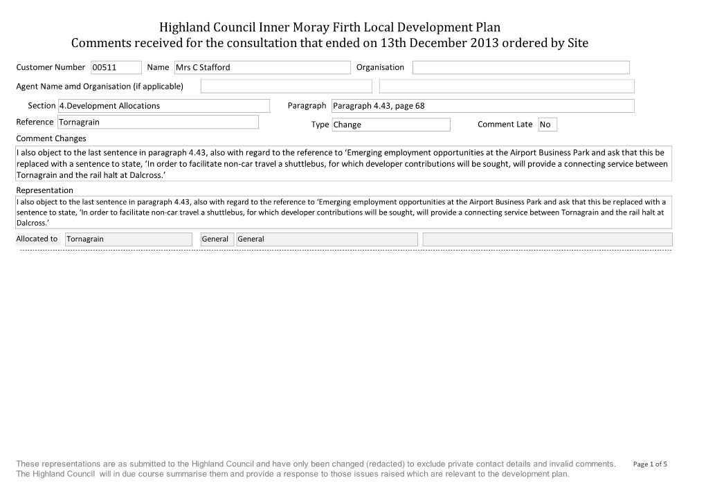 Highland Council Inner Moray Firth Local Development Plan Comments Received for the Consultation That Ended on 13Th December 2013 Ordered by Site