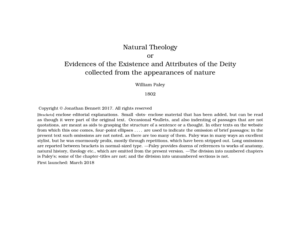 Natural Theology Or Evidences of the Existence and Attributes of the Deity Collected from the Appearances of Nature