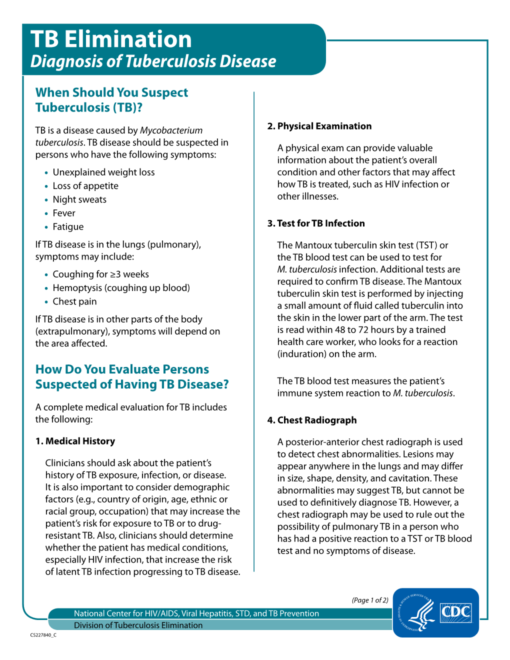 TB Elimination Diagnosis of Tuberculosis Disease