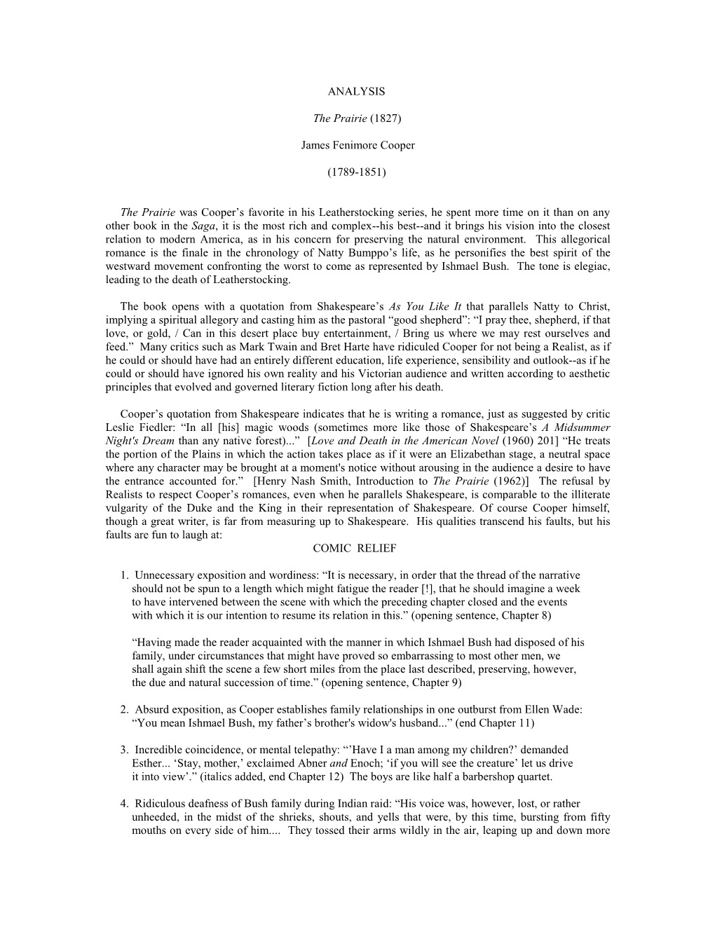 ANALYSIS the Prairie (1827) James Fenimore Cooper (1789-1851)