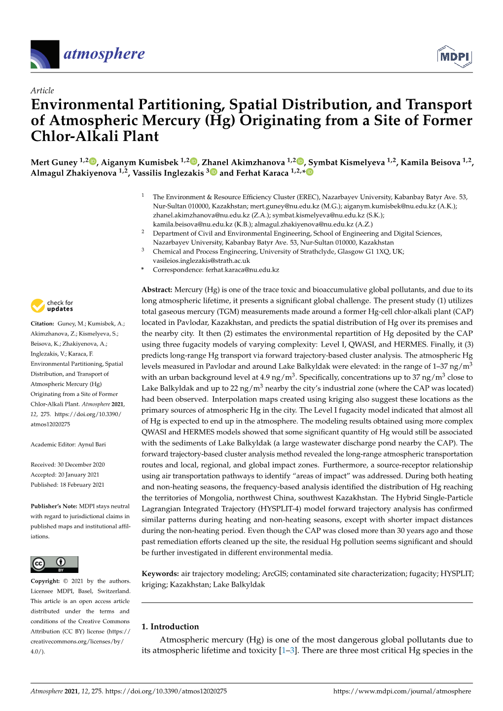 Environmental Partitioning, Spatial Distribution, and Transport of Atmospheric Mercury (Hg) Originating from a Site of Former Chlor-Alkali Plant