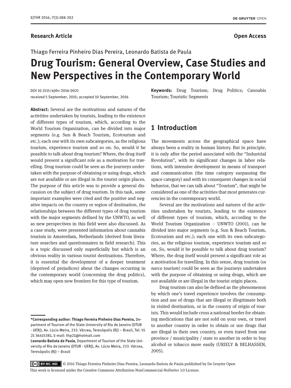 Drug Tourism: General Overview, Case Studies and New Perspectives in the Contemporary World