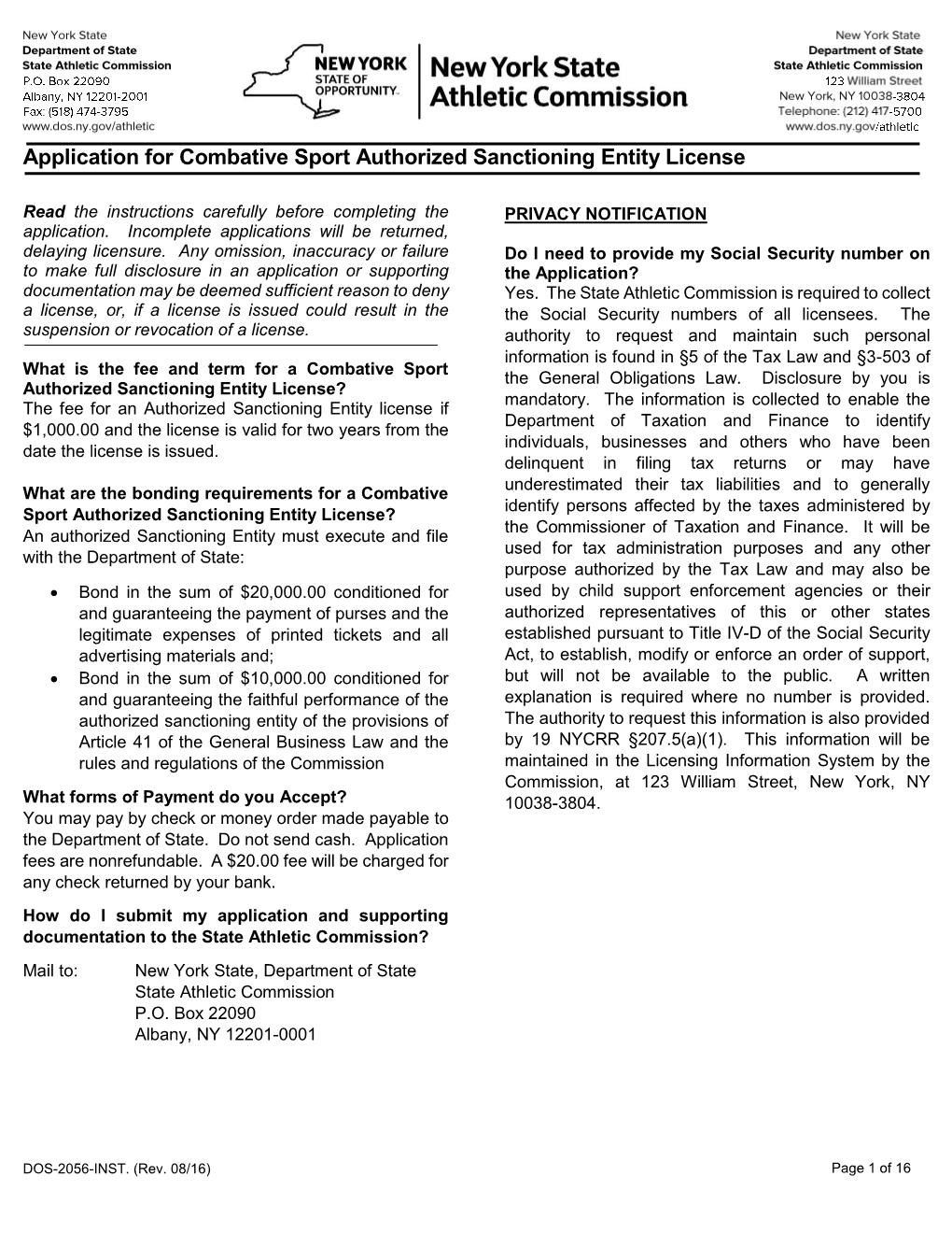 Application for Combative Sport Authorized Sanctioning Entity License