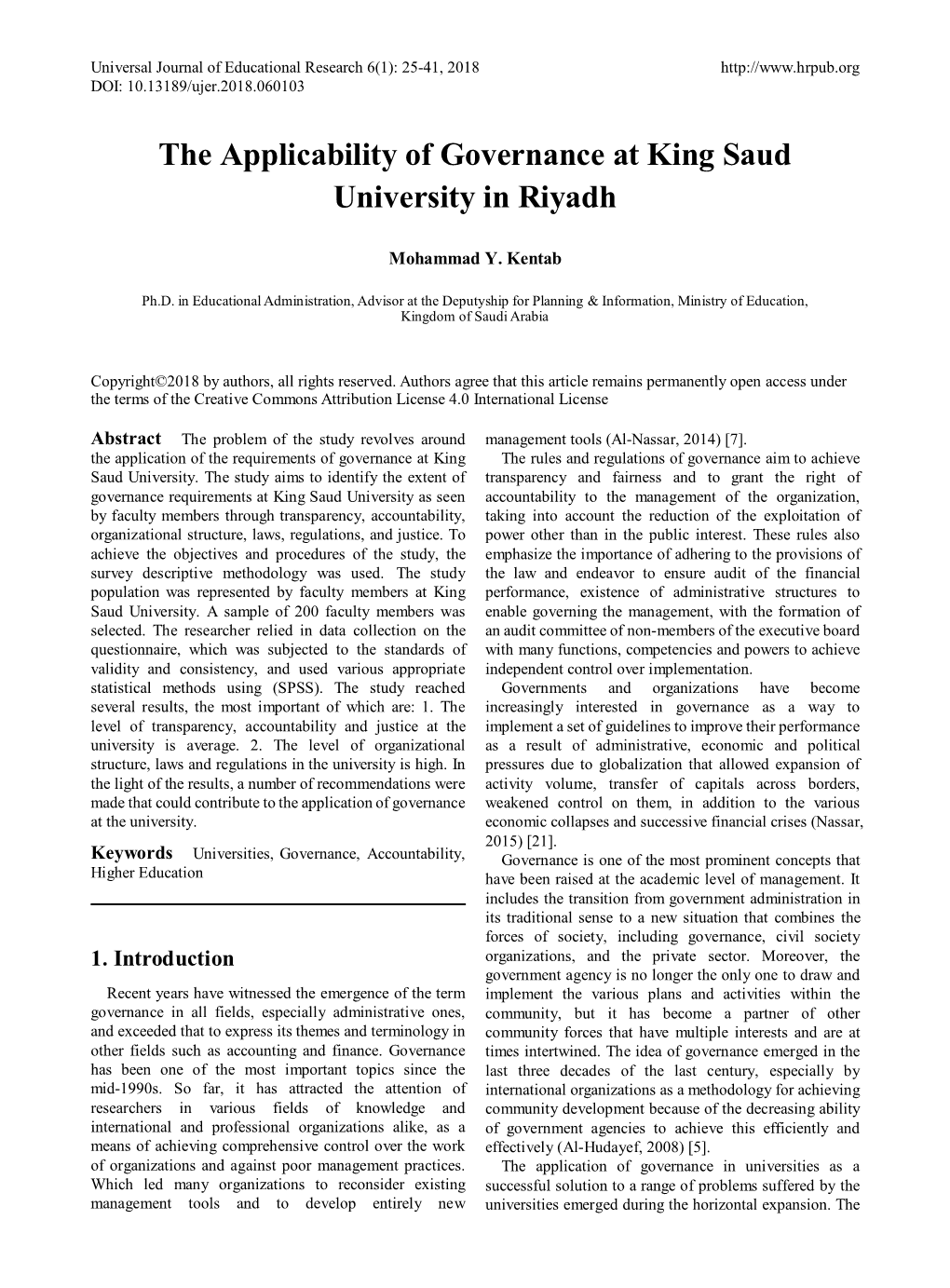 The Applicability of Governance at King Saud University in Riyadh