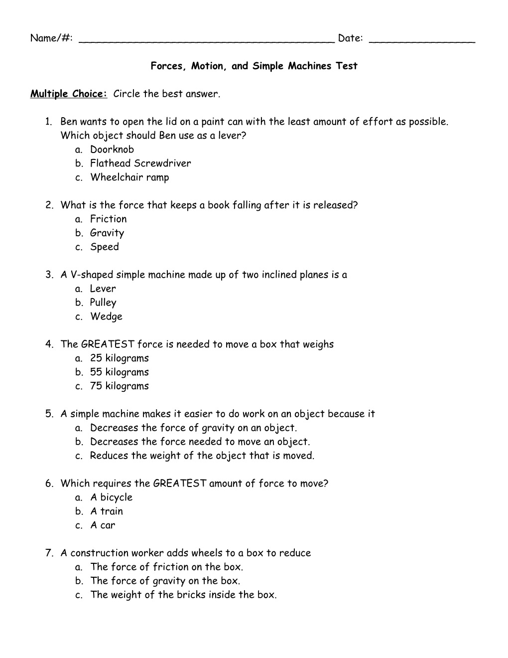 Forces, Motion, and Simple Machines Test