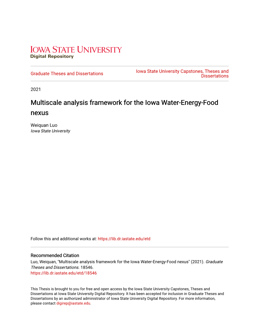 Multiscale Analysis Framework for the Iowa Water-Energy-Food Nexus