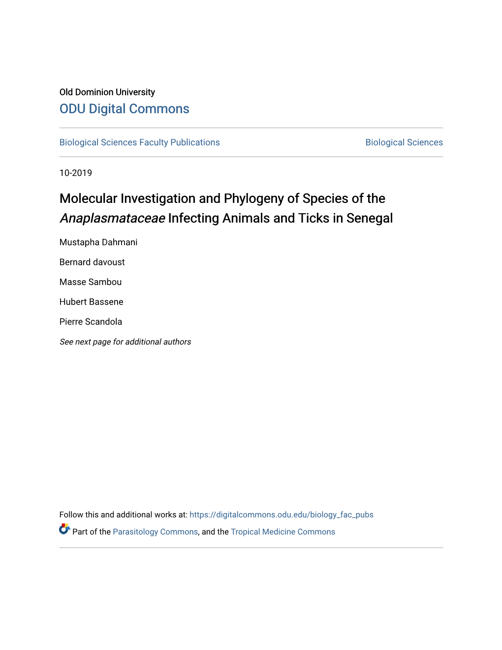 &lt;I&gt;Anaplasmataceae&lt;/I&gt; Infecting Animals and Ticks in Senega