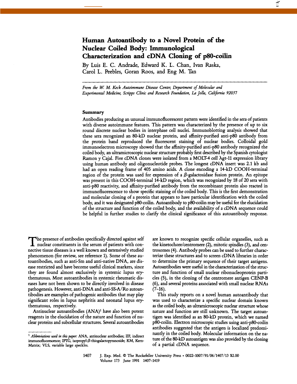 Human Autoantibody to a Novel Protein of the Nuclear Coiled Body: Immunological Characterization and Cdna Cloning of P80-Coilin by Luis E