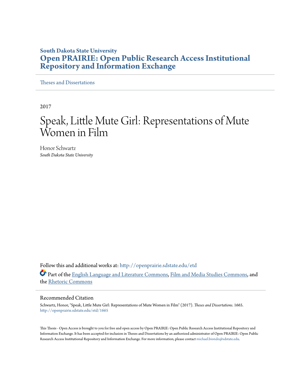 Representations of Mute Women in Film Honor Schwartz South Dakota State University