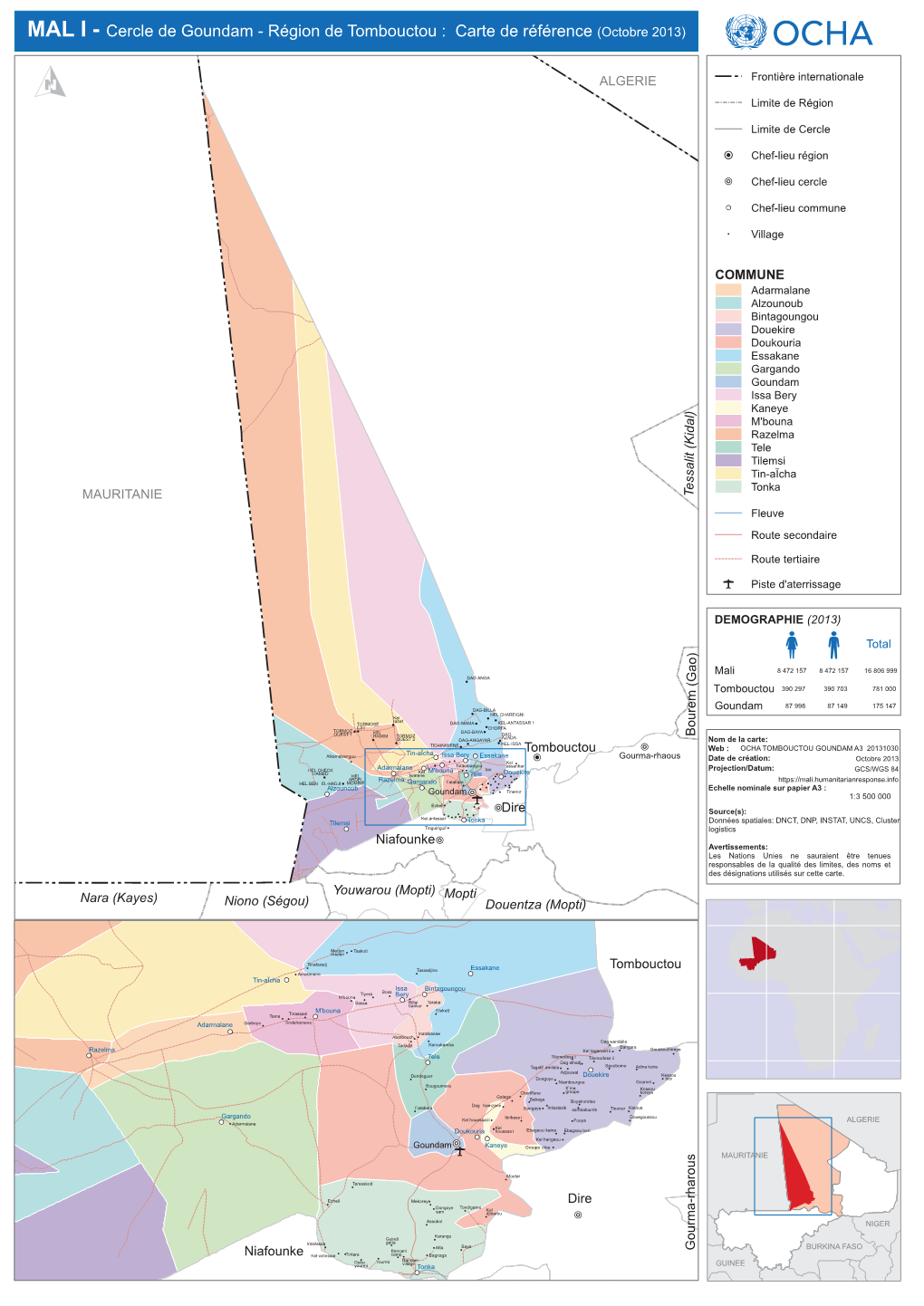 MAL I - Cercle De Goundam - Région De Tombouctou : Carte De Référence (Octobre 2013)