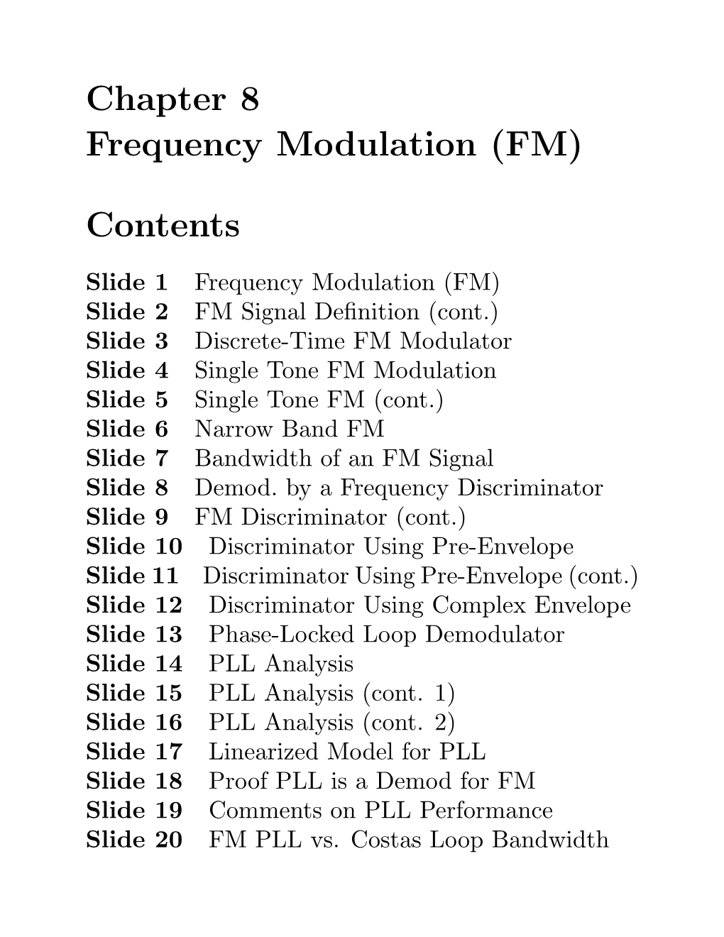 Chapter 8 Frequency Modulation (FM) Contents