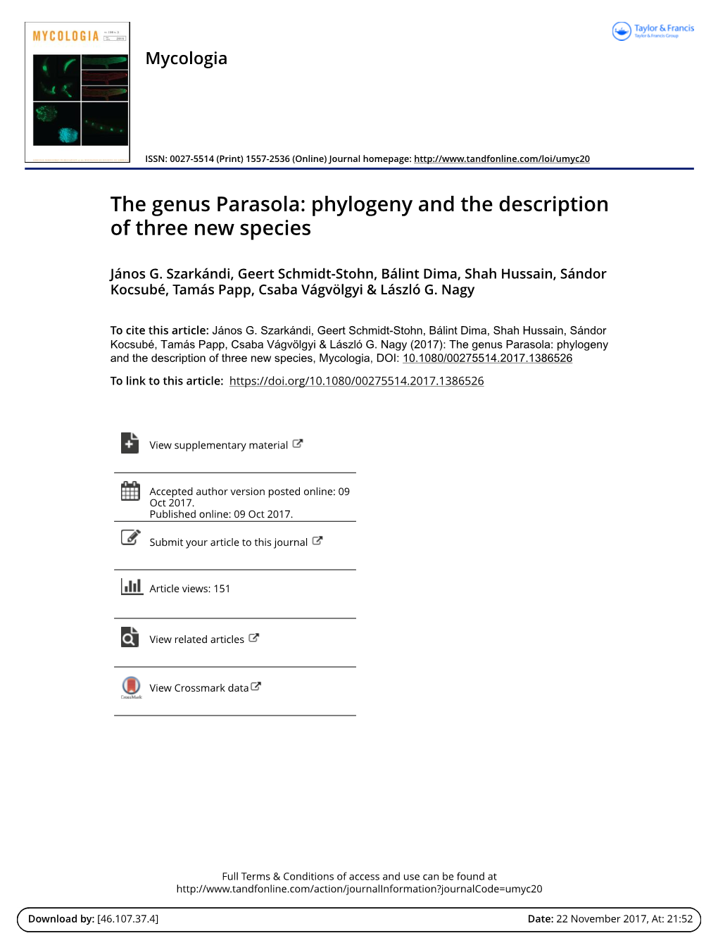 The Genus Parasola: Phylogeny and the Description of Three New Species