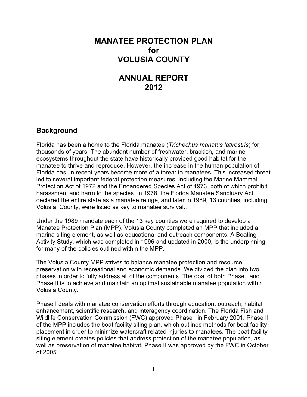 MANATEE PROTECTION PLAN for VOLUSIA COUNTY ANNUAL REPORT 2012